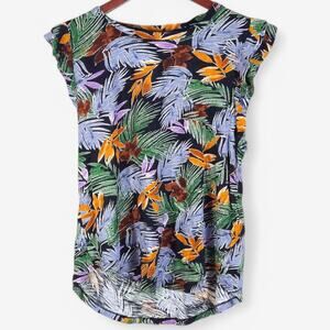 Democracy Ruffle Sleeve Top Tropical Print Size L Vacation Resort Polished